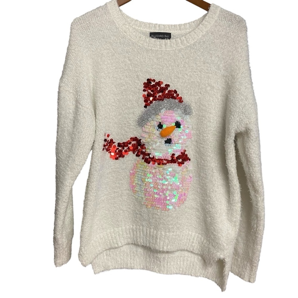 Blizzard Bay White Sequin Snowman Sweater Size M Fuzzy Ugly Sweater Holiday